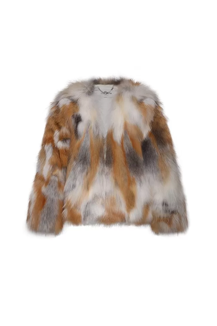 Ozlana Backstage V Neck Fox Fur Jacket (Cream Brown) | Women Full Fur Jackets