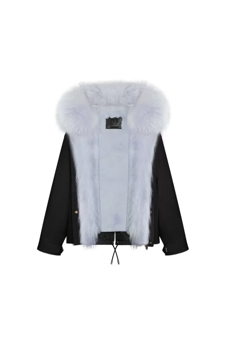 Ozlana Black Short Oversize Parka+Blue Rabbit Fur/Raccoon Fur | Women Classic & Designer Parkas