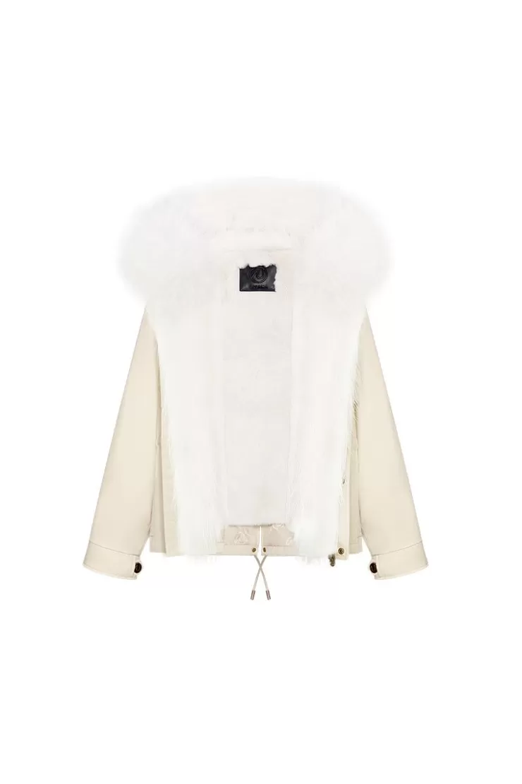 Ozlana Cream Whiteshort Oversize Parka+White Rabbit Fur/Raccoon Fur | Women Classic & Designer Parkas