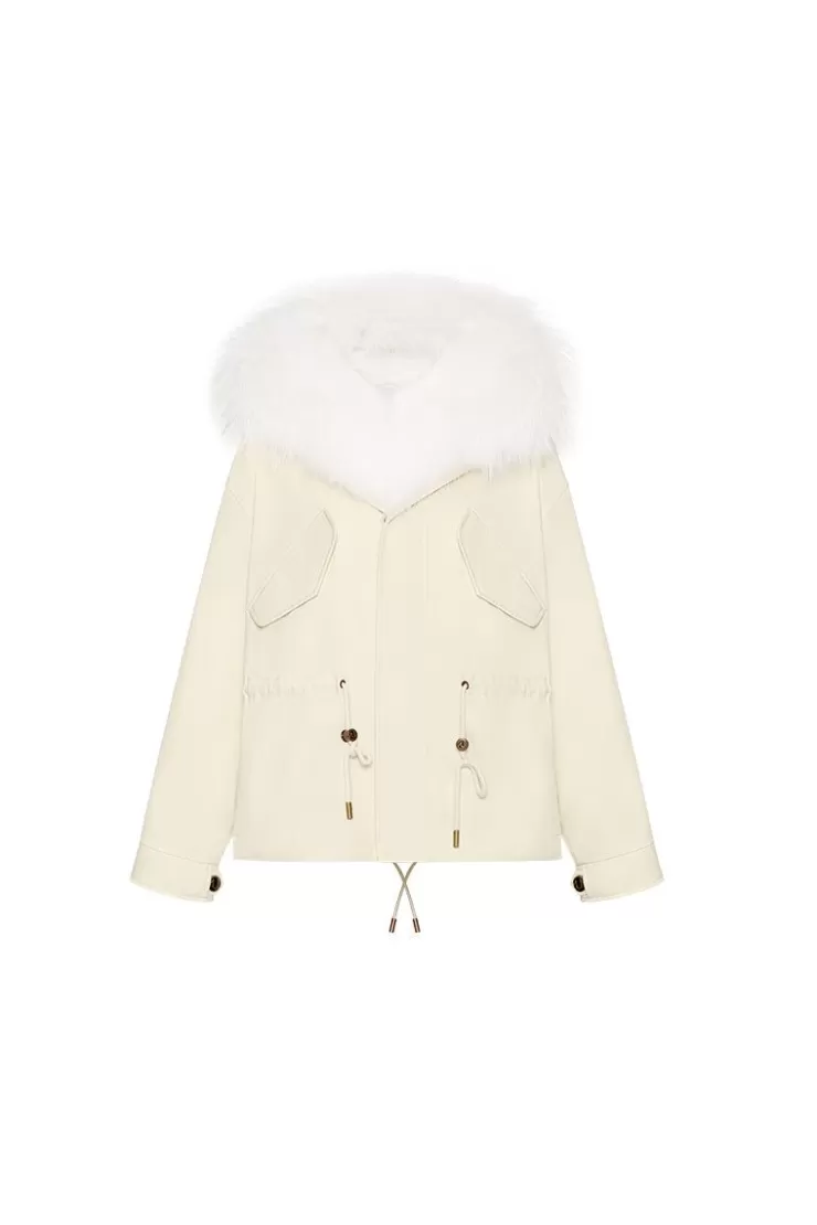 Ozlana Cream Whiteshort Oversize Parka+White Rabbit Fur/Raccoon Fur | Women Classic & Designer Parkas