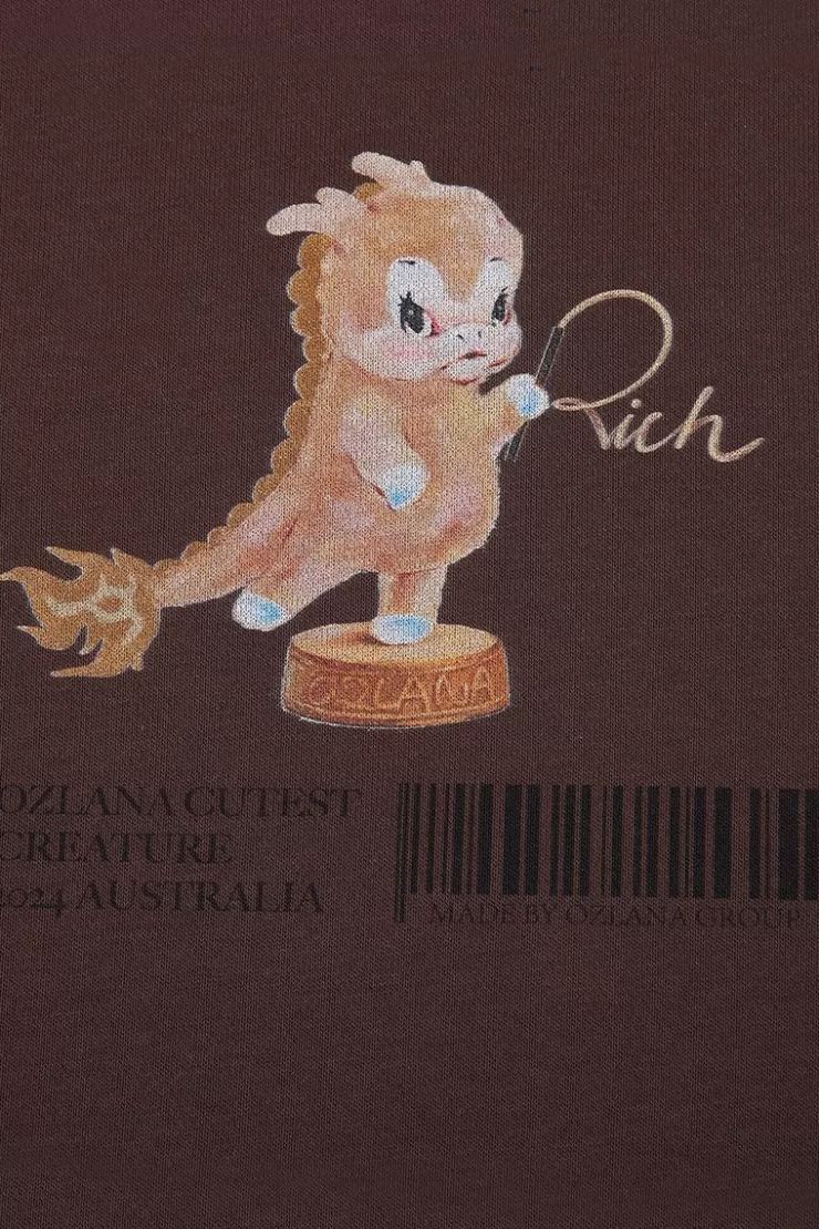 Ozlana Crewneck Dragon Printsweatshirt (Coffee Color+Cream) | Women Tops