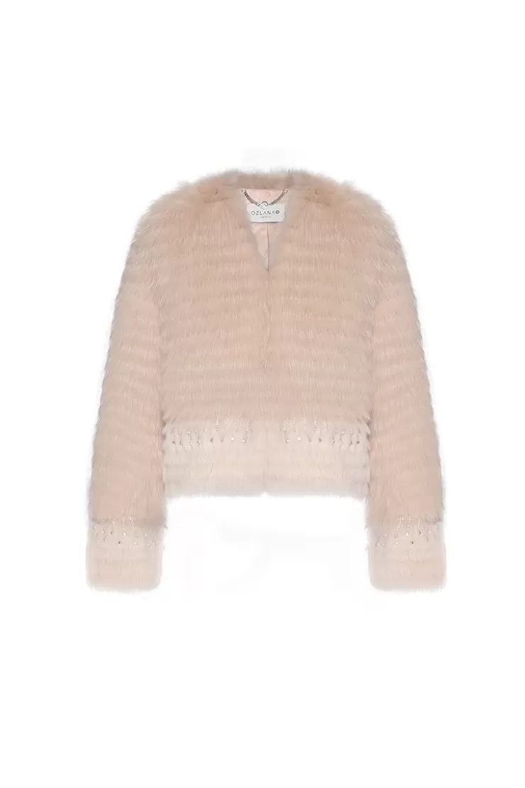 Ozlana Crown Crystal Contrast V Neck Fox Fur Jacket (Cream Gradient) | Women Full Fur Jackets