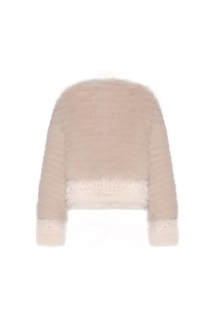 Ozlana Crown Crystal Contrast V Neck Fox Fur Jacket (Cream Gradient) | Women Full Fur Jackets