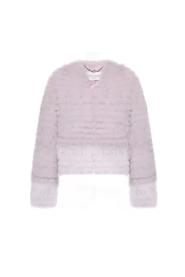 Ozlana Crown Crystal Contrast V Neck Fox Fur Jacket (Purple Gradient) | Women Full Fur Jackets