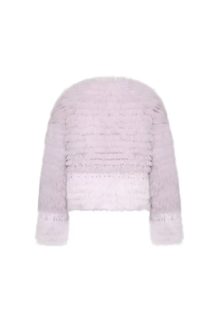 Ozlana Crown Crystal Contrast V Neck Fox Fur Jacket (Purple Gradient) | Women Full Fur Jackets