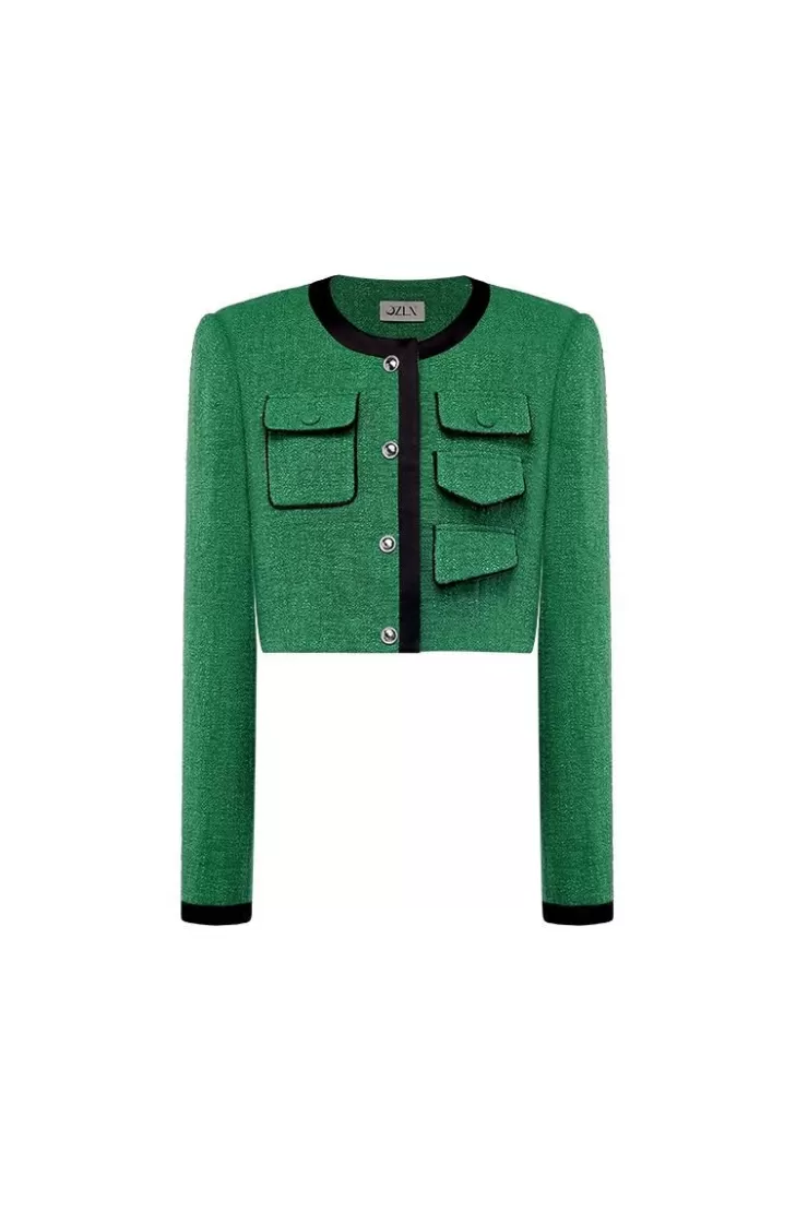 Ozlana Multi-Pocket Vintage Tweed Jacket (Green) | Women Ozln