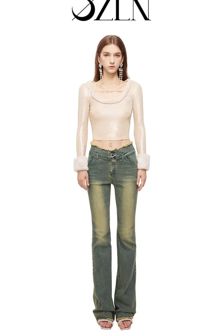 Ozlana Ozln Curved Waist Vintage Straight Leg Jeans(Blue) | Women Ozln