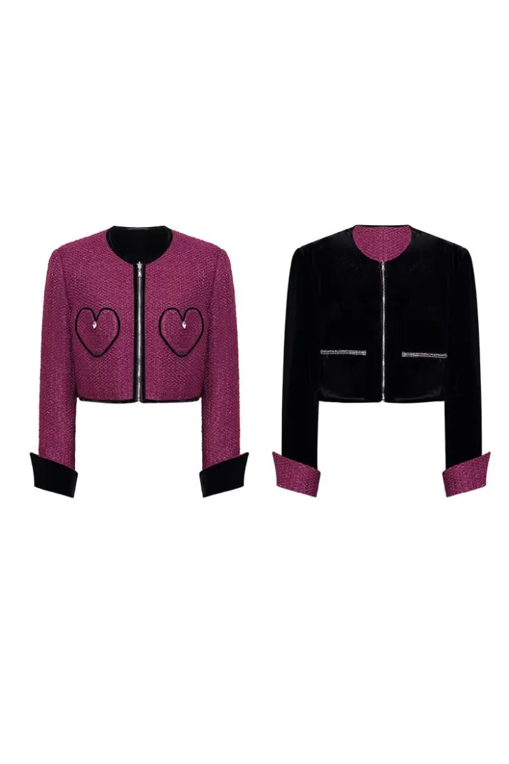 Ozlana Ozln Heart Pocket Glitz Tweed Blazer(Purple+Black) | Women Tweeds