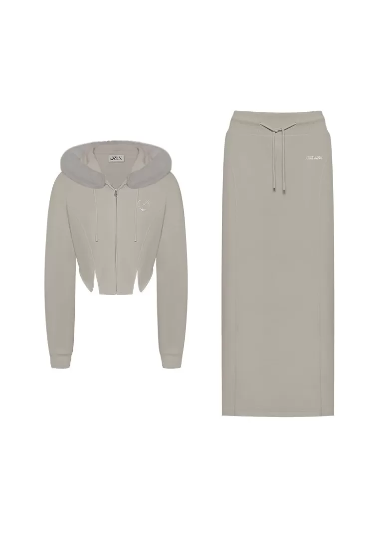 Ozlana Ozln Heart Rose Hoodie Sweat Suit Maxi Skirt Set(Grey) | Women Matching Sets