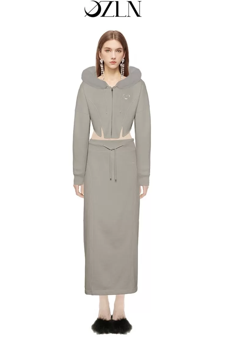 Ozlana Ozln Heart Rose Hoodie Sweat Suit Maxi Skirt Set(Grey) | Women Matching Sets