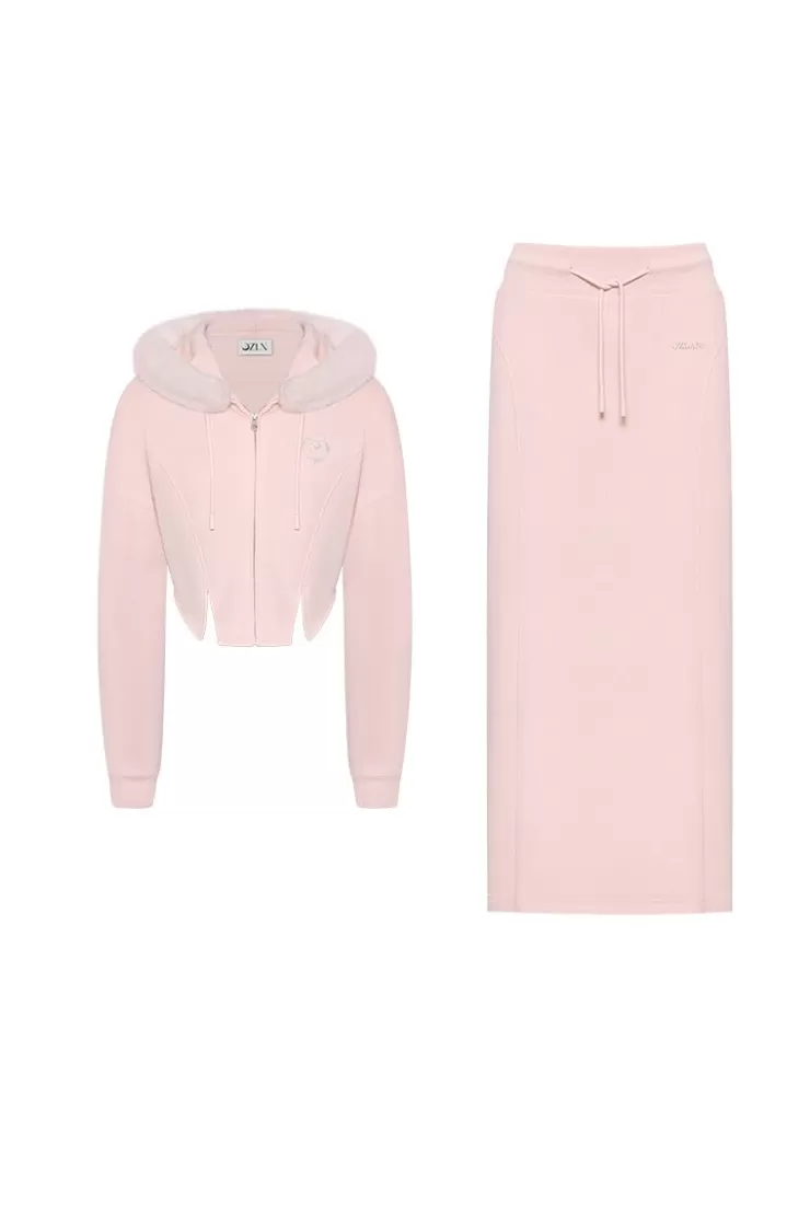 Ozlana Ozln Heart Rose Hoodie Sweat Suit Maxi Skirt Set(Pink) | Women Matching Sets