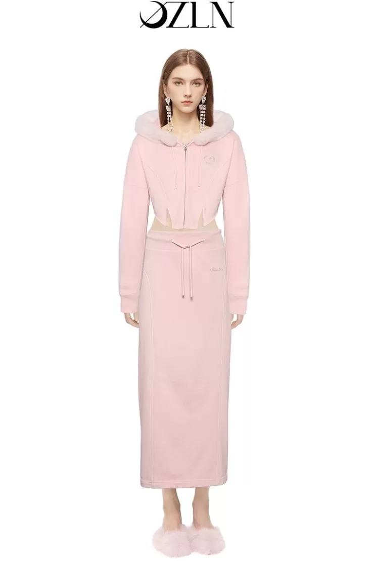 Ozlana Ozln Heart Rose Hoodie Sweat Suit Maxi Skirt Set(Pink) | Women Matching Sets