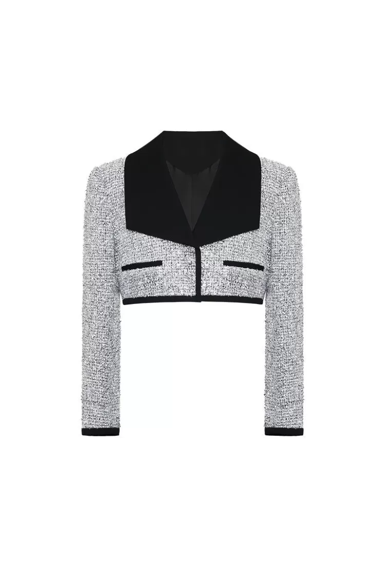 Ozlana Ozln Mirrorball Contrast Wide Lapel Cropped Blazer (Silvery) | Women Tweeds