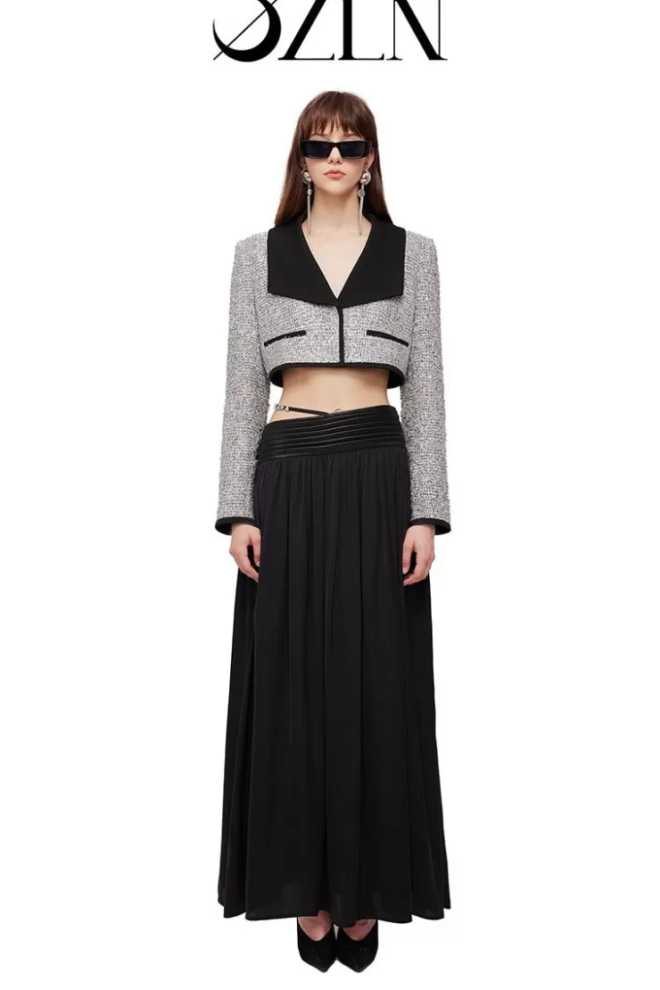 Ozlana Ozln Mirrorball Contrast Wide Lapel Cropped Blazer (Silvery) | Women Tweeds