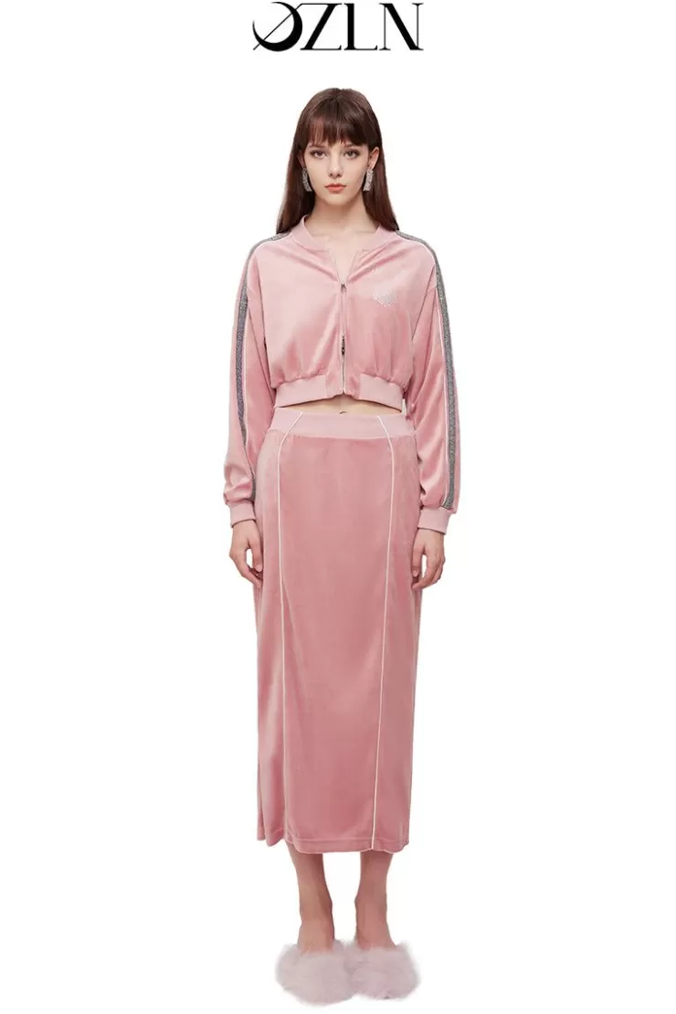 Ozlana Ozln O Club Baseball Sweat Suit Midi Skirt Set(Pink) | Women Matching Sets