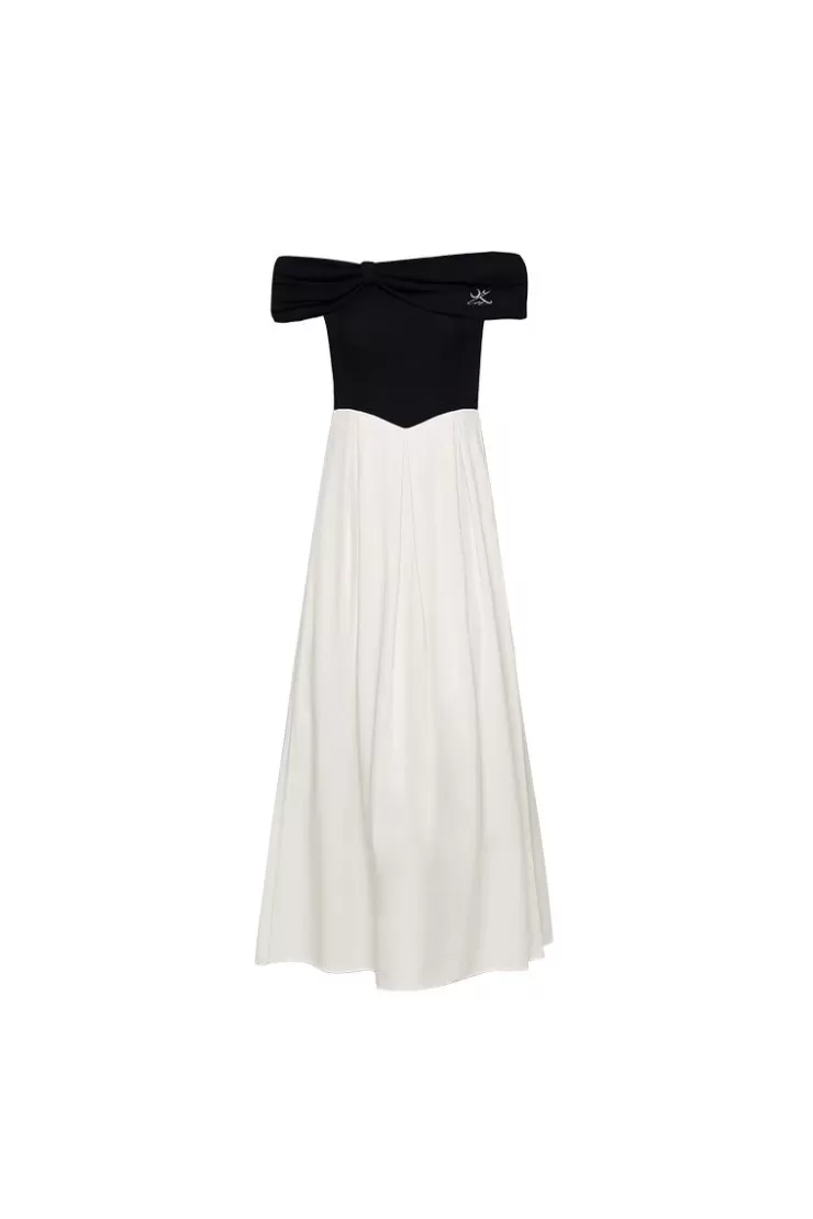 Ozlana Ozln Off Shoulder Bow Knit Dress (Black+Cream) | Women Dresses & Sets