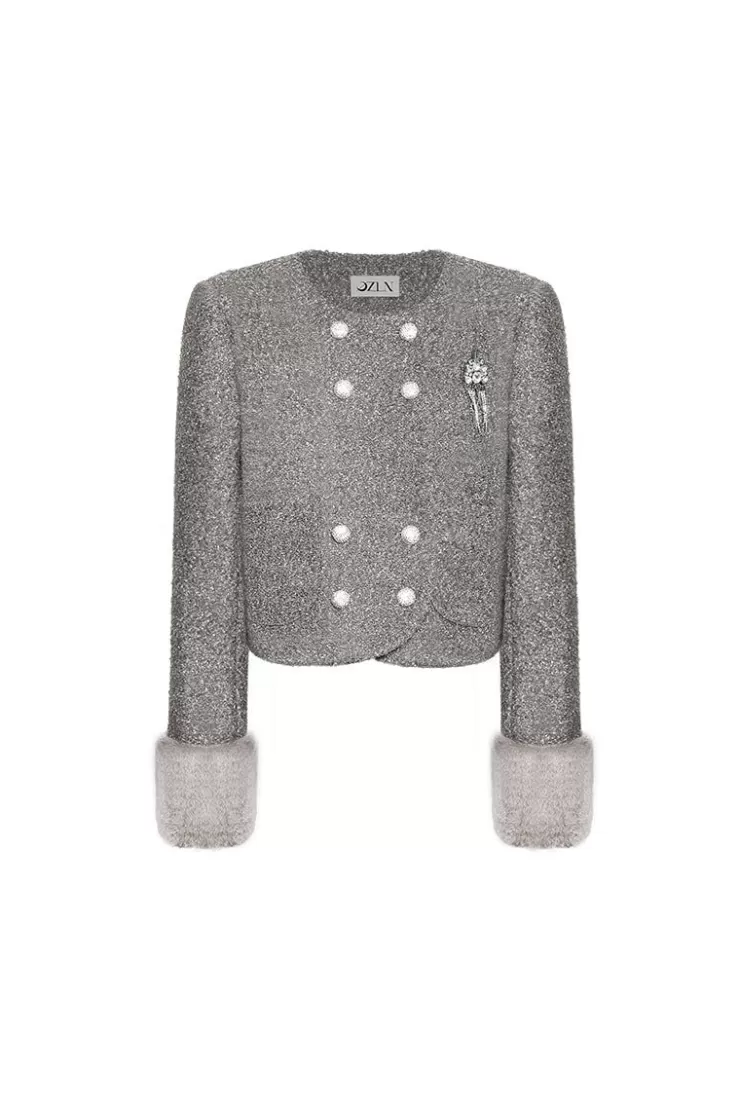 Ozlana Ozln Square Neck Tweed Jacket With Detachable Faux Fur(Grey) | Women Tweeds