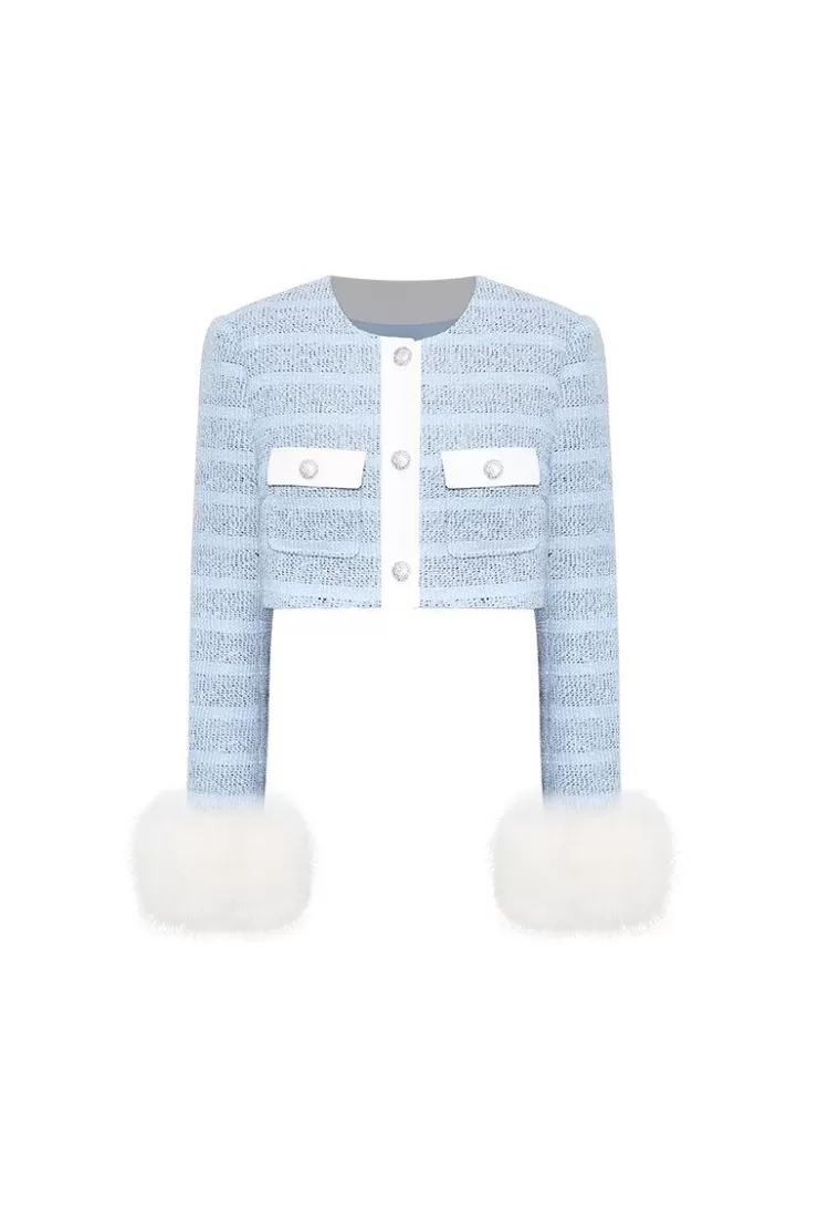 Ozlana Ozln Tweed Jacket With Detachable Faux Fur(Blue) | Women Tweeds