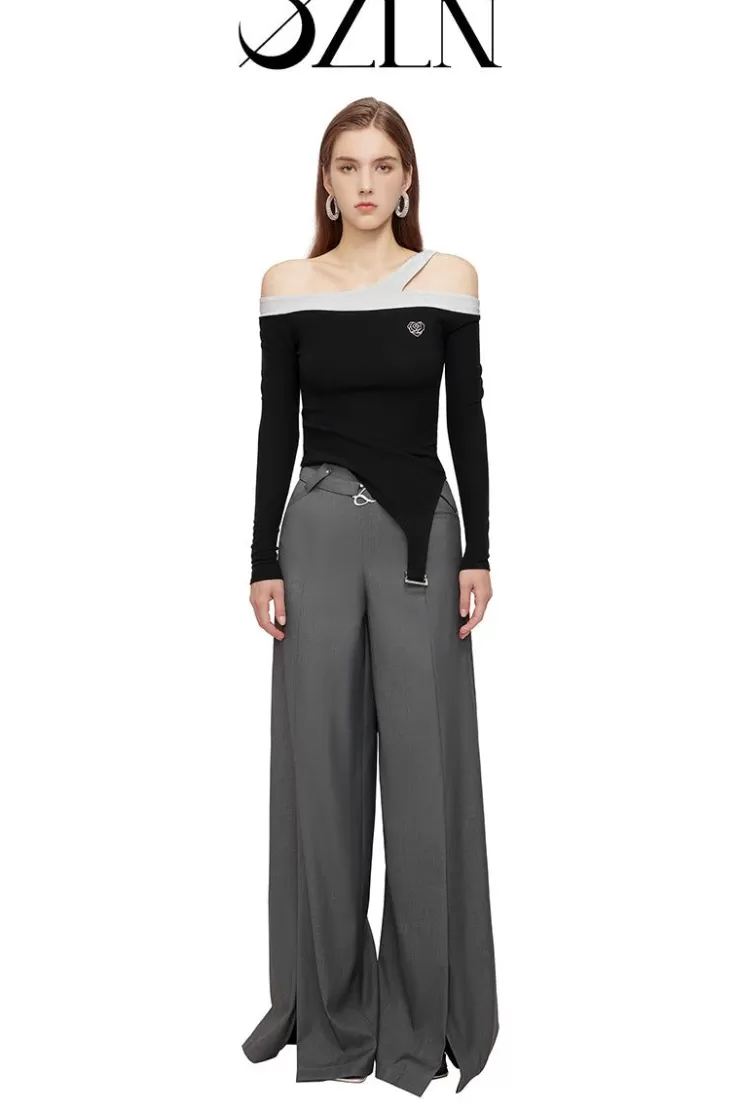 Ozlana Ozln Wide Leg Slit Suit Pants(Grey) | Women Ozln