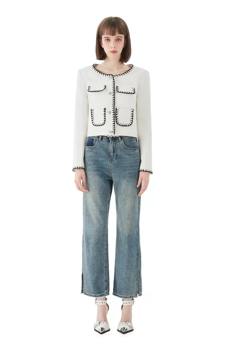 Ozlana Stitched Edge Vintage Tweed Jacket (White) | Women Tops
