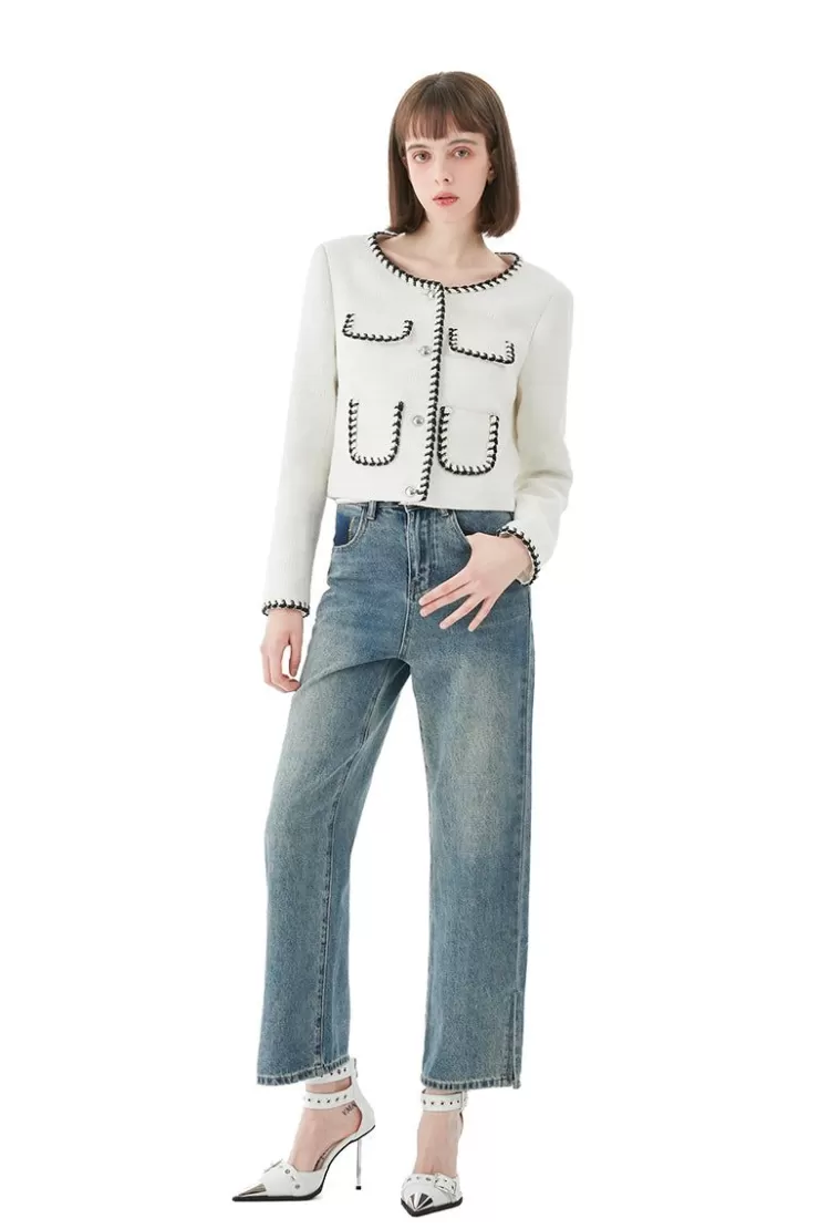 Ozlana Stitched Edge Vintage Tweed Jacket (White) | Women Ozln