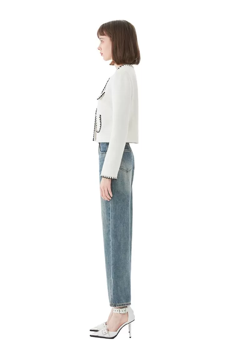 Ozlana Stitched Edge Vintage Tweed Jacket (White) | Women Ozln