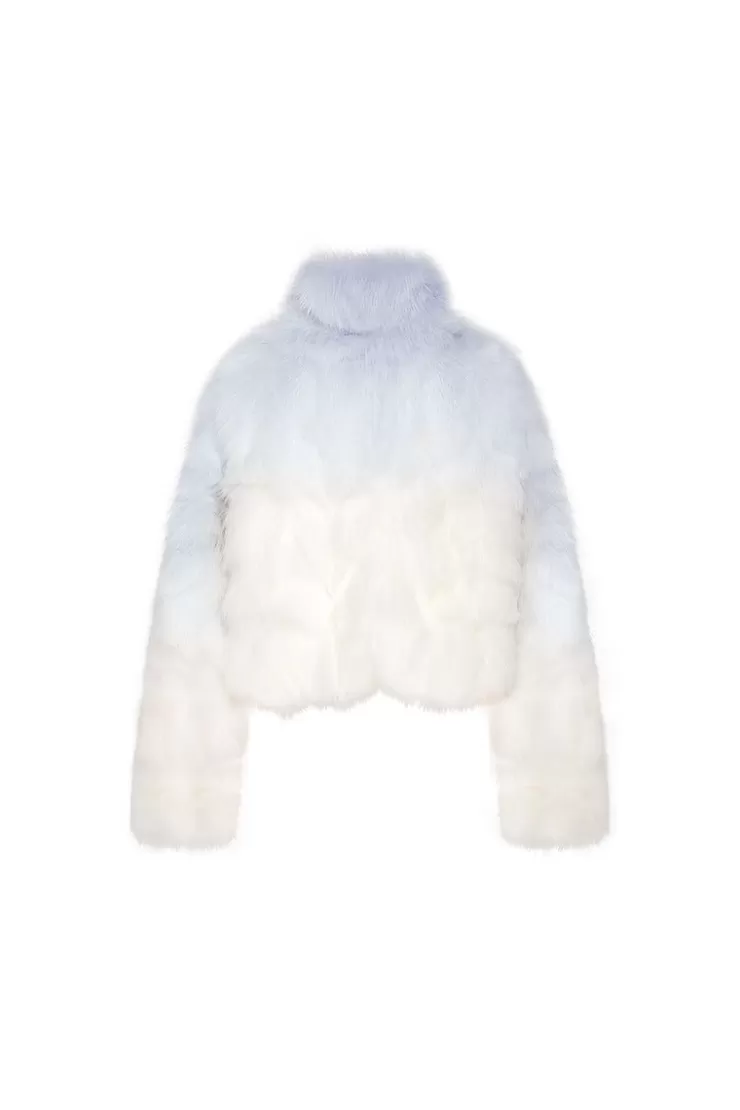 Ozlana Sunrise Gradient Cropped Buckle Neck Fox Fur Jacket (Blue Gradient) | Women Full Fur Jackets