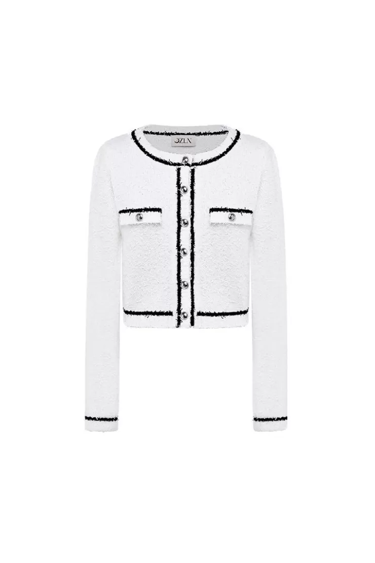 Ozlana Vintage Textured Round Neck Cardigan (White) | Women Knits