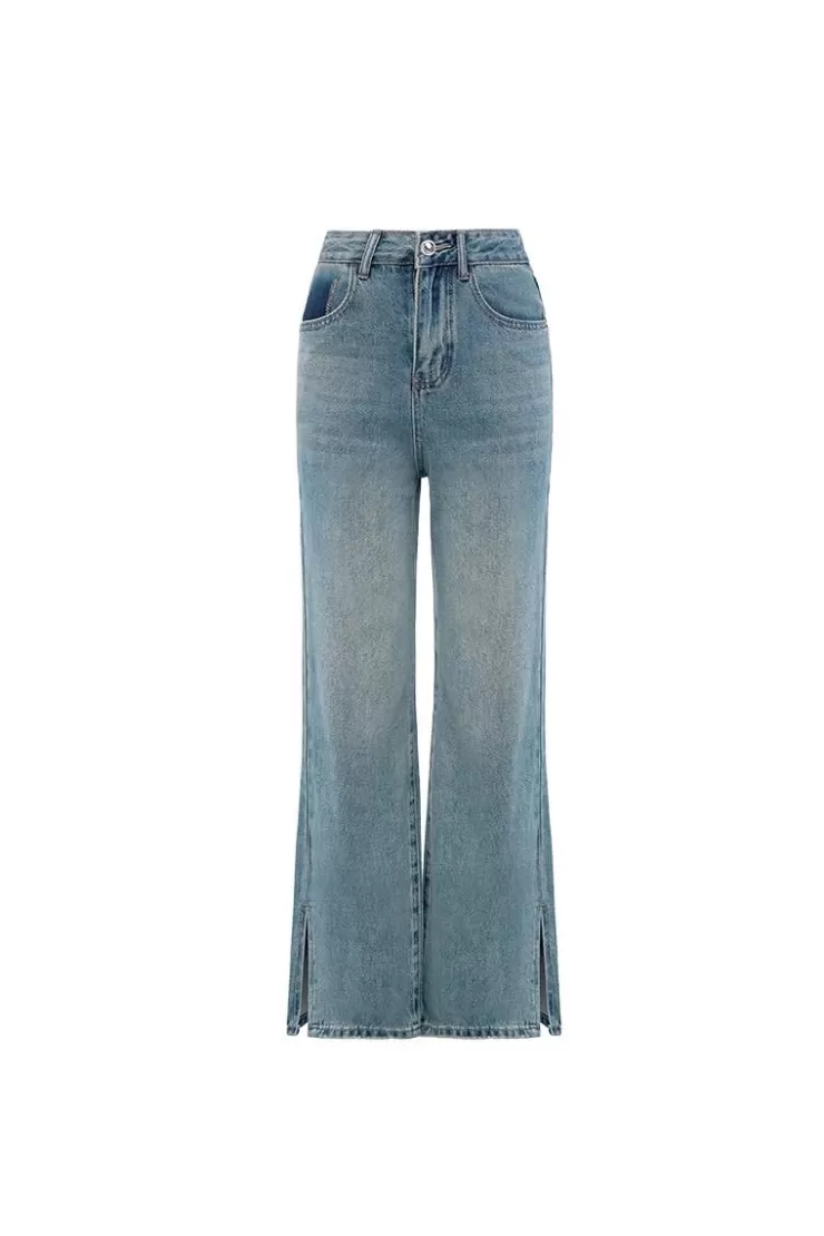 Ozlana Vintage Wash Denim Split Flare Jeans(Denim Blue ) | Women Bottoms